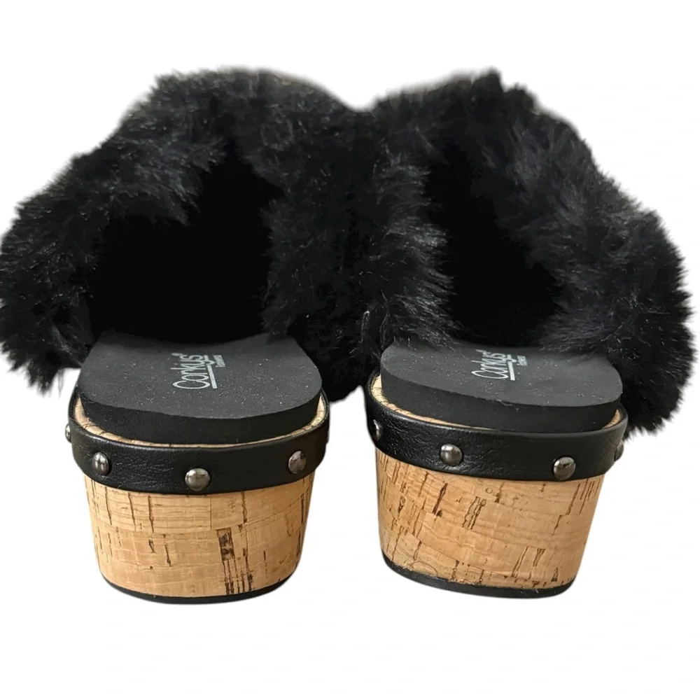CORKYS Women's Just Fur Fun Black Wedge Slip On Fur Lined Studded Mules 10 New